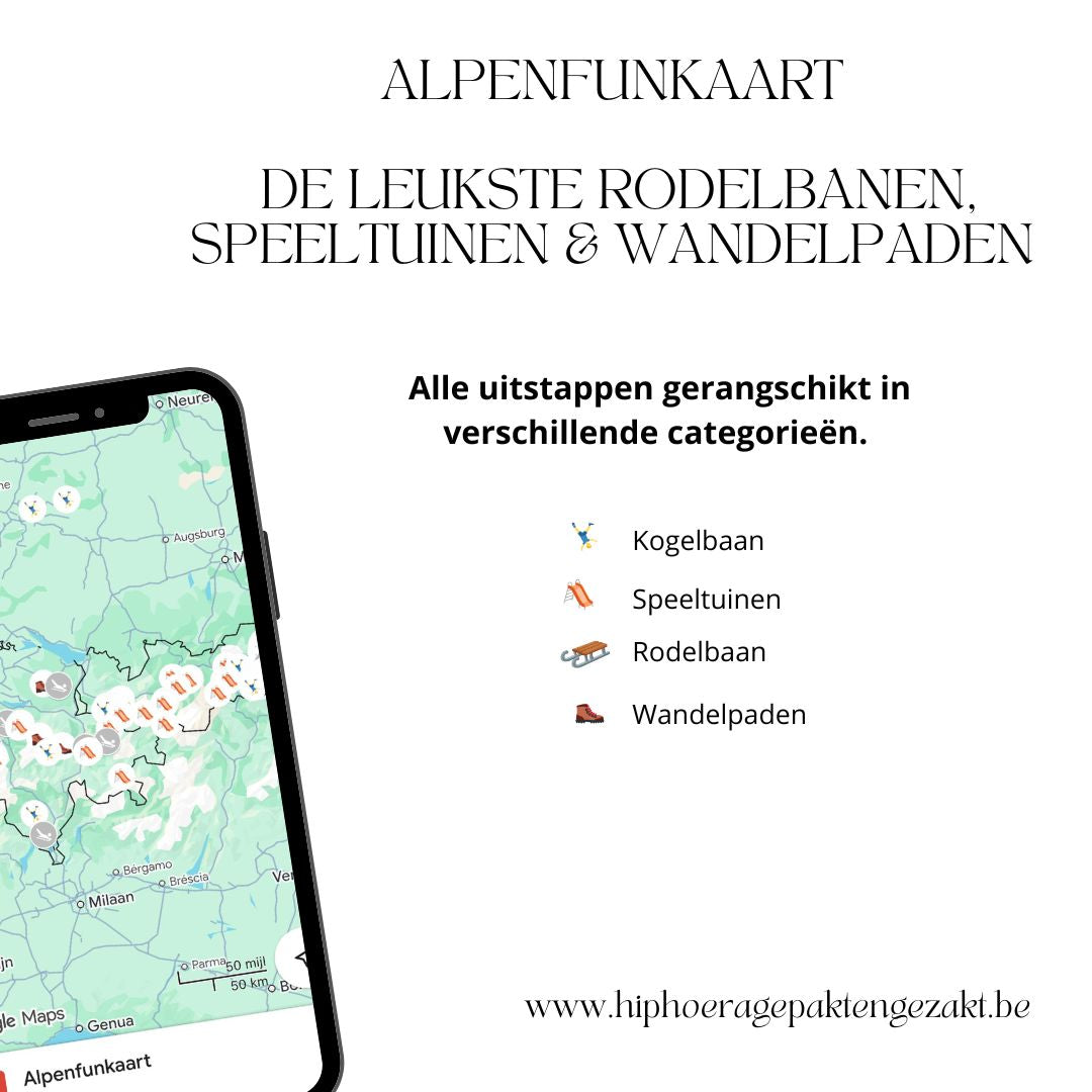 Overzicht van avontuurlijke activiteiten voor gezinnen in de Alpen, weergegeven op een interactieve Google Maps-kaart.