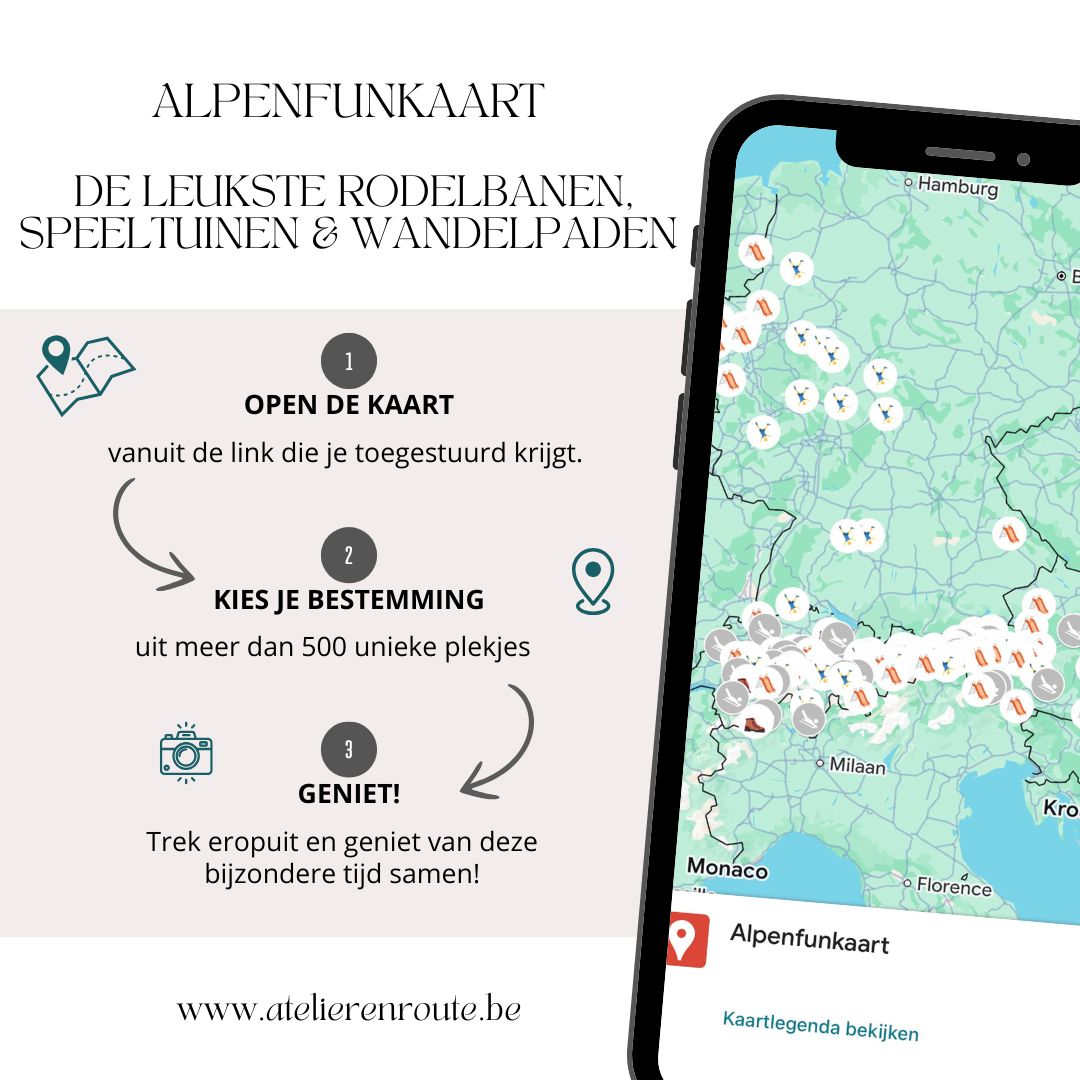 Alpenfunkaart met gezinsvriendelijke wandelroutes, kogelbanen en belevingspaden in de Alpen