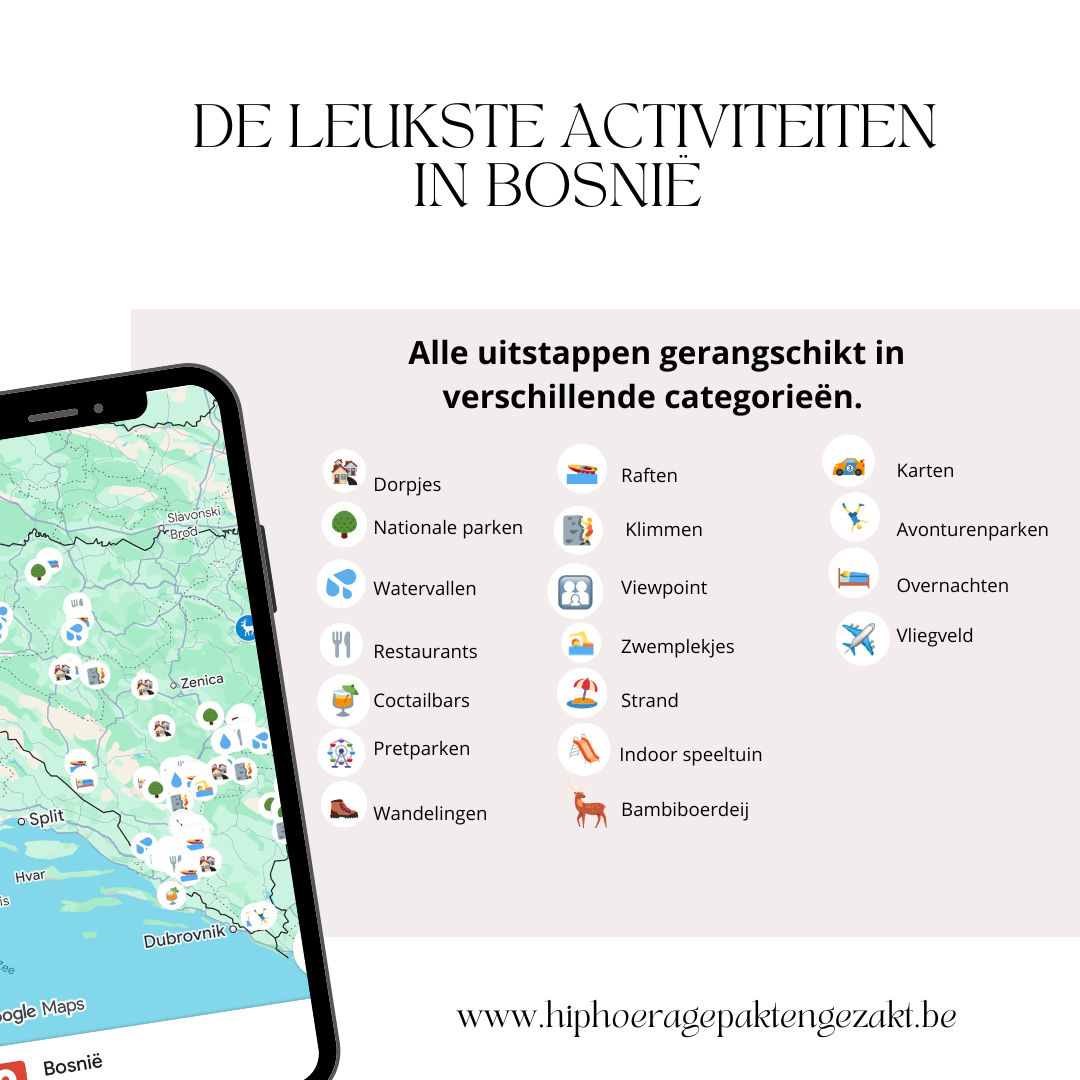 Gezinsvriendelijke overnachtingen en unieke verblijven in Bosnië op een handige Google Maps-kaart voor kinderuitjes.
