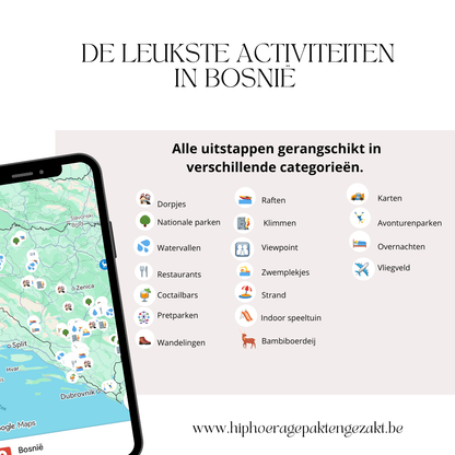 Gezinsvriendelijke overnachtingen en unieke verblijven in Bosnië op een handige Google Maps-kaart voor kinderuitjes.