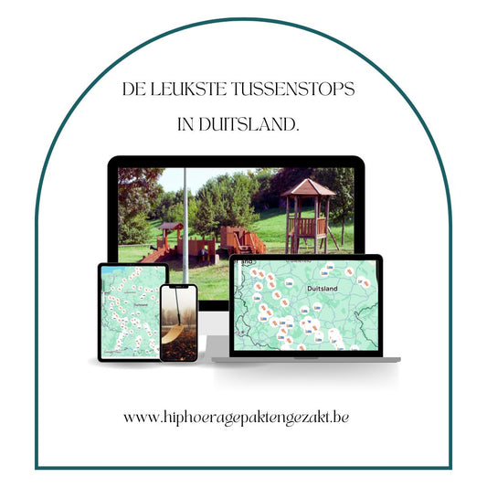 Google Maps-kaart met kidsproof tussenstops in Duitsland, inclusief speeltuinen en overnachtingsplekjes onderweg naar populaire bestemmingen in Europa.