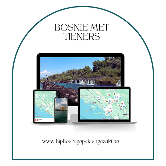 Google Maps-kaart met kindvriendelijke activiteiten in Bosnië, inclusief avontuurlijke uitstapjes zoals wandelen, klimmen en boottochten.