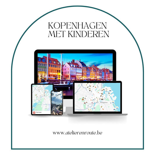 Google Maps-kaart met kindvriendelijke activiteiten in Kopenhagen, inclusief attractieparken, musea en avontuurlijke speelplekken.