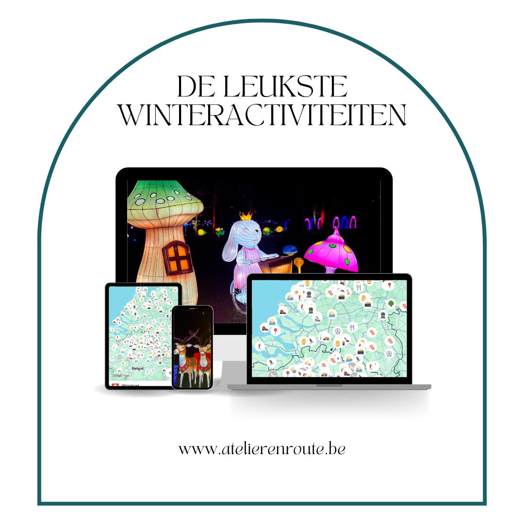 Winterkaart met kindvriendelijke winteractiviteiten zoals schaatsen, skiën en sleeën in België en Nederland.