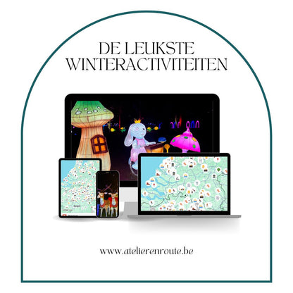 Winterkaart met kindvriendelijke winteractiviteiten zoals schaatsen, skiën en sleeën in België en Nederland.