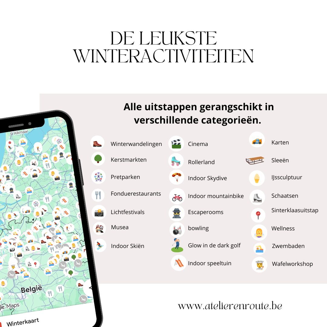 Bijvoorbeeld:
Google Maps Winterkaart met de leukste gezinsuitjes in de winter, inclusief indoor skimogelijkheden, sleeplekken, winterfestivals, overnachtingen en kindvriendelijke horeca in België en Nederland."